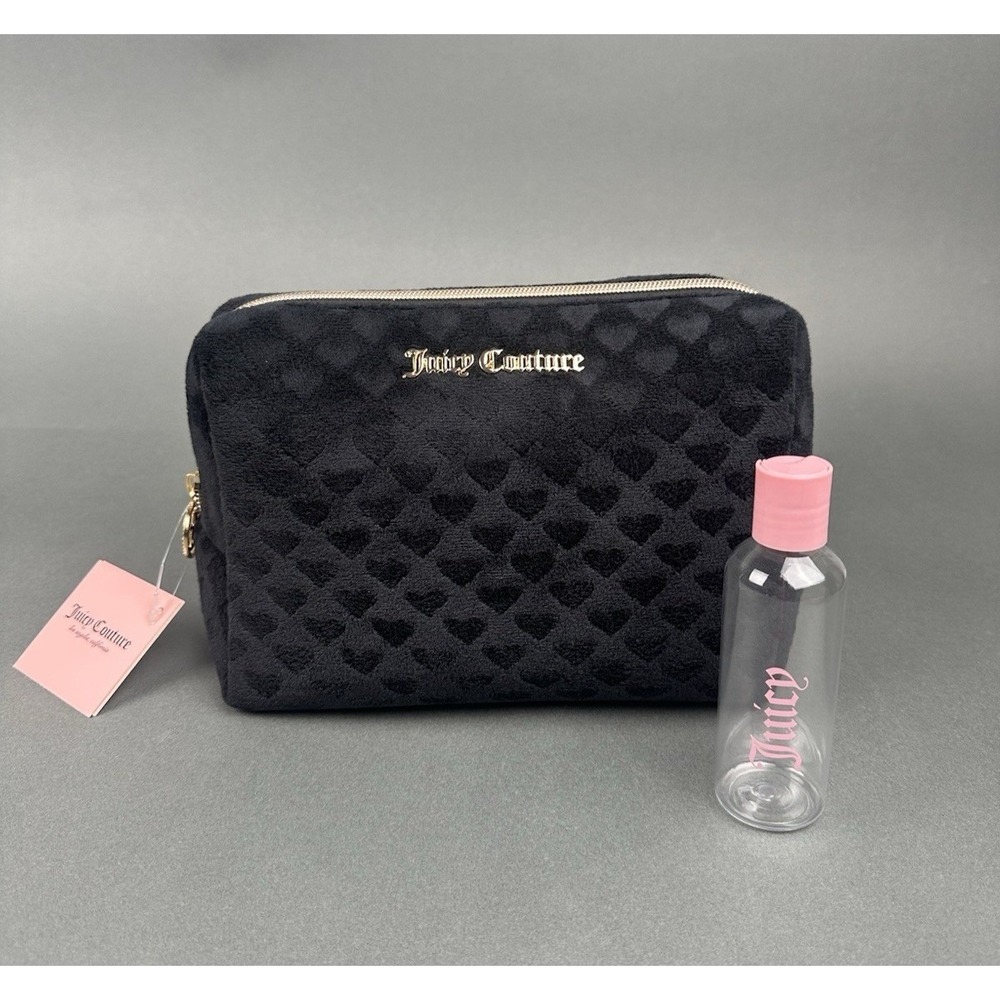 Juicy Couture Cosmetic Bag Women OS Black Velour Heart Embossed Rhinestone Zip